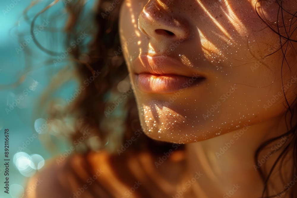 Close-up of a woman's face with sunlight filtering through her hair, creating a dreamy, ethereal effect. Close-up of a woman's face with sunlight filtering through her hair, creating a dreamy, ethereal effect.