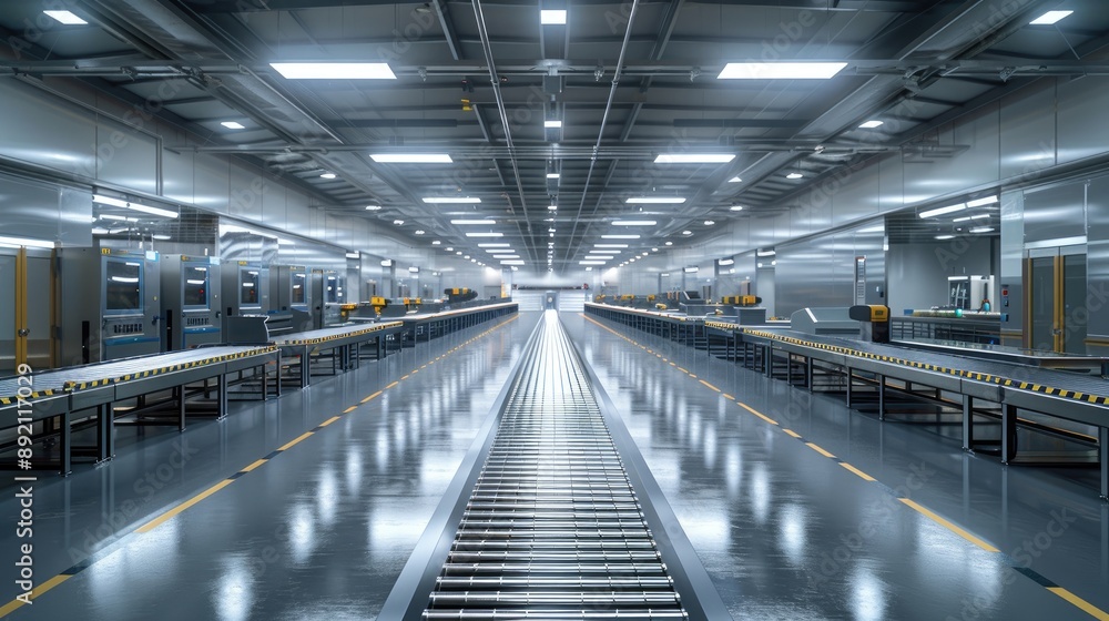 Fototapeta premium Spacious modern factory interior with advanced machinery and clean design, perfect for showcasing industrial and technological environments.