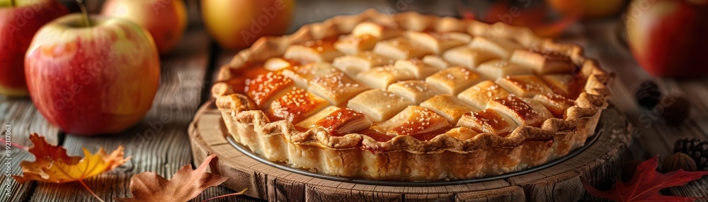 Closeup of an apple pie on a wooden table with apples and fall leaves. Closeup of an apple pie on a wooden table with apples and fall leaves.