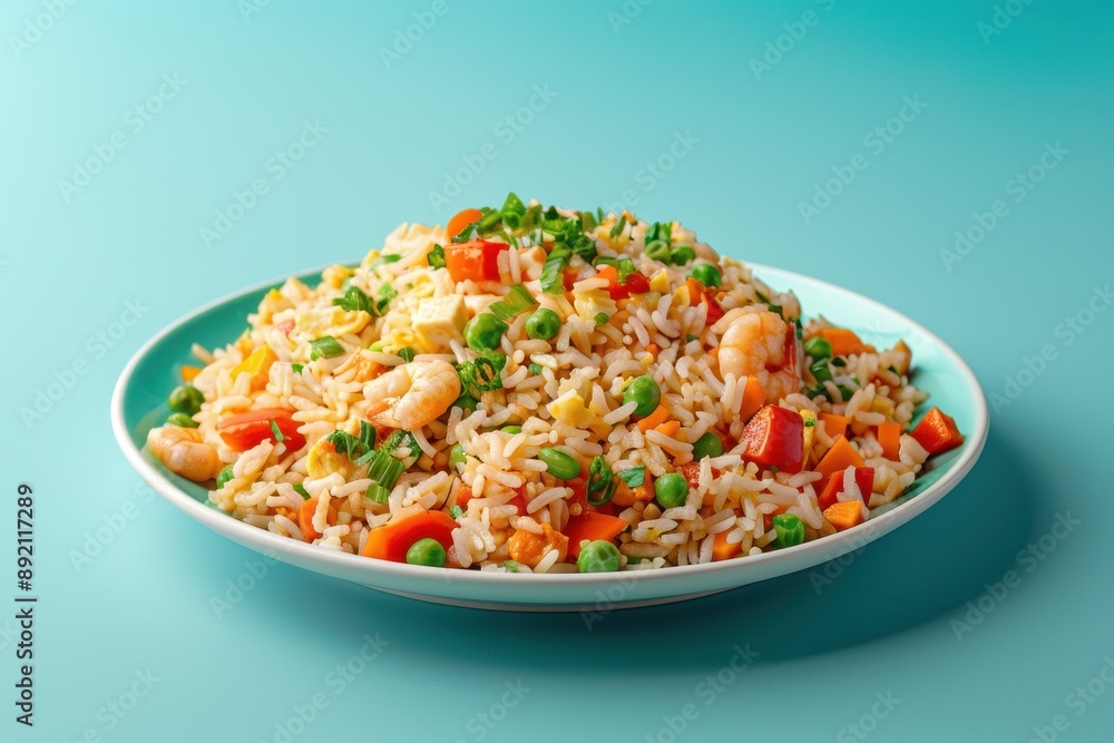 A plate of food with shrimp and vegetables on a yellow background A plate of food with shrimp and vegetables on a yellow background