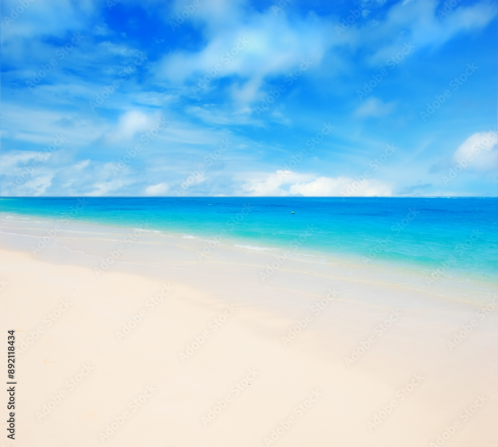 Hawaii, beach and sea for vacation, holiday and travel in summer at Lanikai. Ocean, water or sand on coast with blue sky, nature or clouds on horizon with calm waves on mockup space on land in Kailua Hawaii, beach and sea for vacation, holiday and travel in summer at Lanikai. Ocean, water or sand on coast with blue sky, nature or clouds on horizon with calm waves on mockup space on land in Kailua