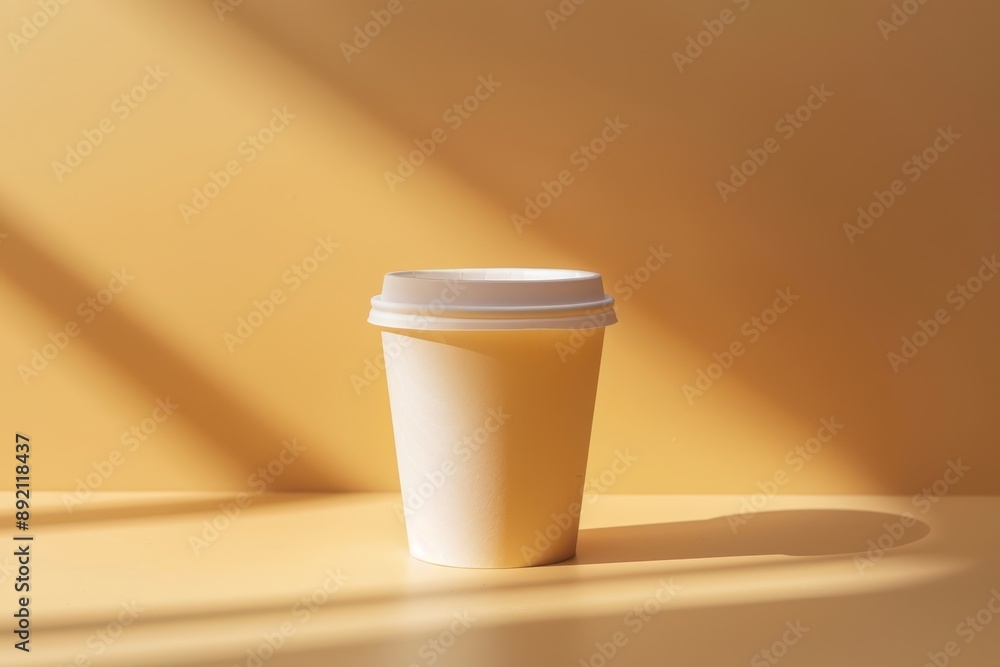 A white coffee cup sits on a yellow surface, with a white lid on top A white coffee cup sits on a yellow surface, with a white lid on top