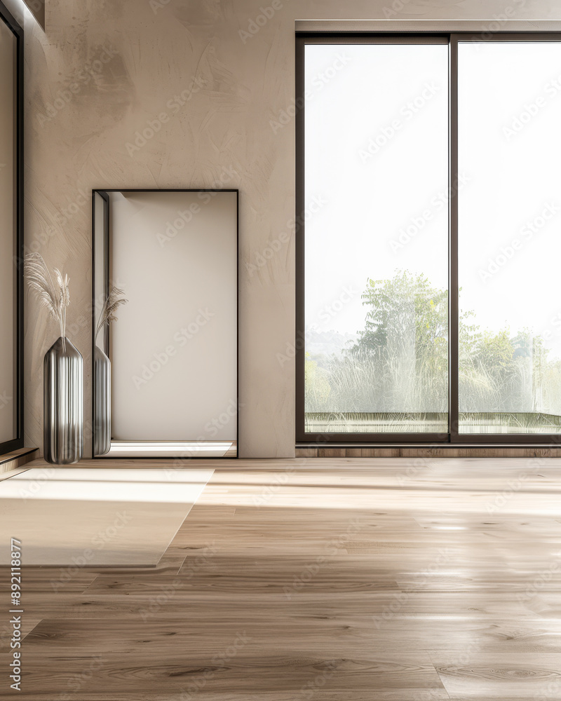 Fototapeta premium Room interiors with a mirror next to a large window filling the room with lighting in beige warm colors. Stylish residential interiors composition with copy space.