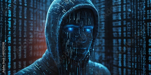 AI Powerd Blue Digital Hacker with Glowing Binary Code | AI in Cybersecurity Systems photo