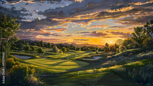 Beautiful painting of a golf course at sunset. Perfect for sports and nature themed designs.  photo