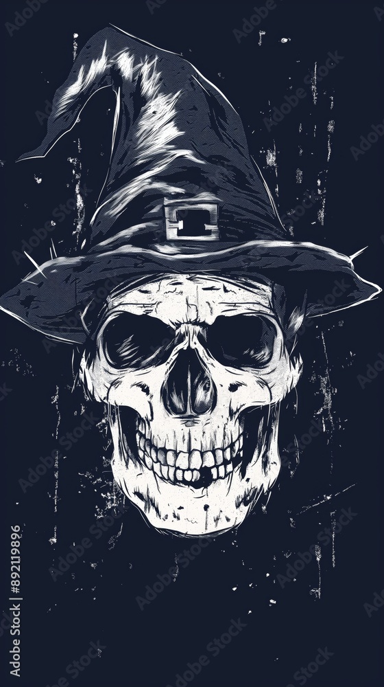 Grunge-style illustration of a skull wearing a witch hat on a dark background Grunge-style illustration of a skull wearing a witch hat on a dark background