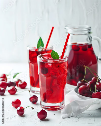 Wallpaper Mural Cold summer cherry drink  in a glass with a straw isolated on white background Torontodigital.ca