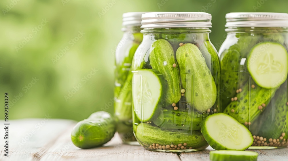 Three mason jars filled with fresh pickling cucumbers, placed on a wooden surface outdoors against a blurred green background, showcasing the homemade preservation process Three mason jars filled with fresh pickling cucumbers, placed on a wooden surface outdoors against a blurred green background, showcasing the homemade preservation process