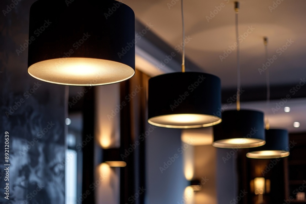 Modern ceiling lamps with artistic designs illuminating a dark room, creating a subtle ambiance with plenty of background space for creative use Modern ceiling lamps with artistic designs illuminating a dark room, creating a subtle ambiance with plenty of background space for creative use
