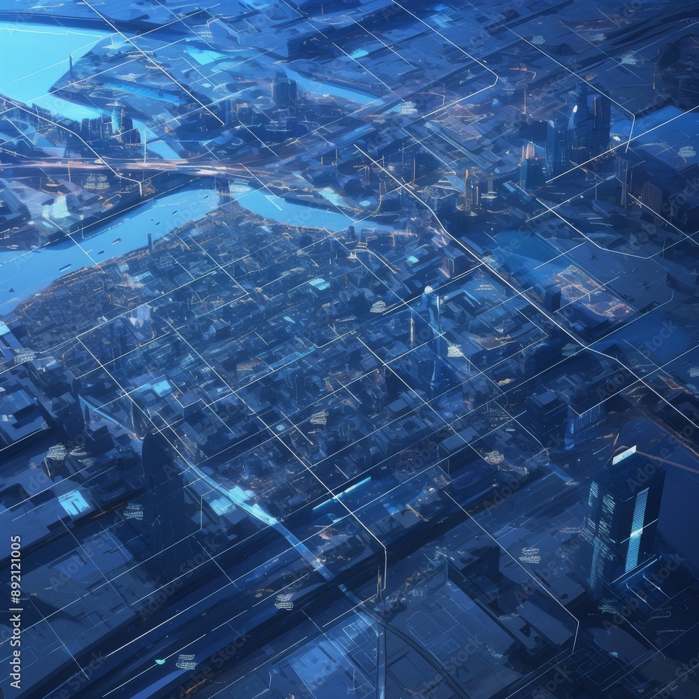 Fototapeta premium Smart City Grid: A Futuristic Overlay on the Map of a Major US Metropolis, Highlighting the Operational Infrastructure of an Intelligent Urban Landscape.