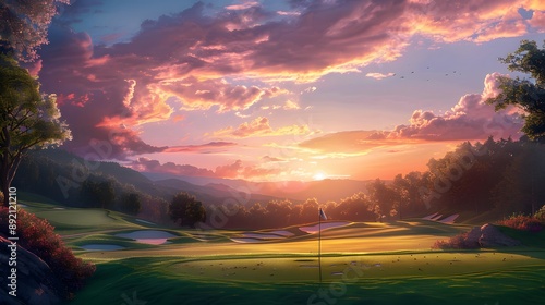 Beautiful painting of a golf course at sunset. Perfect for sports and nature themed designs.  photo