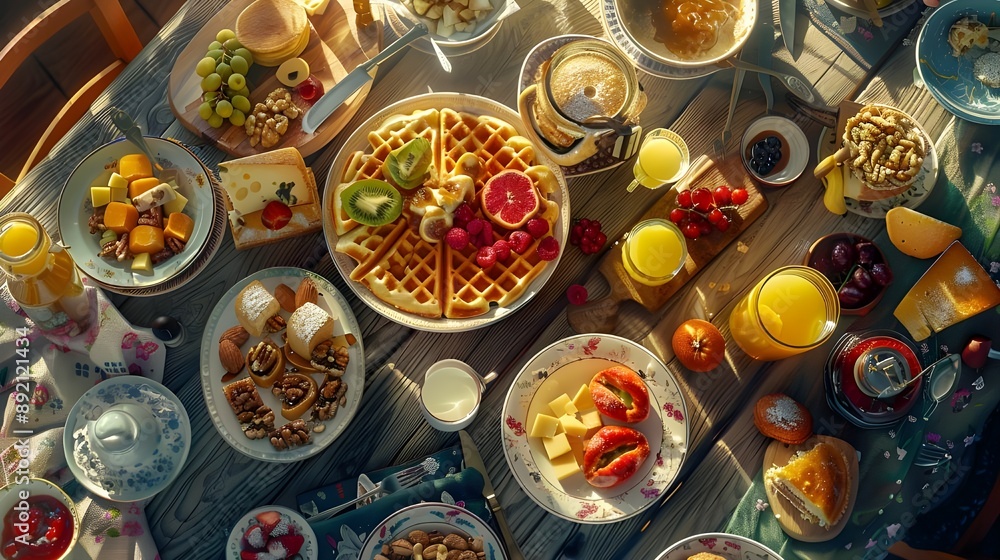 breakfast table full of various dishes. Belgian waffles, jam, nuts, fresh juice, sliced fruits, cheese platter, and a pot of hot coffee on breakfast table. breakfast table full of various dishes. Belgian waffles, jam, nuts, fresh juice, sliced fruits, cheese platter, and a pot of hot coffee on breakfast table.