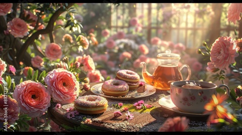 Afternoon Tea in a Rose Garden, digital painting, tea, donuts, flowers, garden , tea party