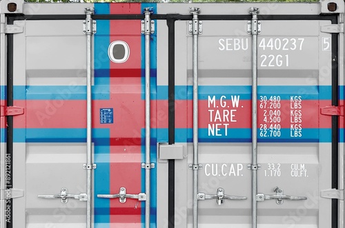 Faroe islands flag depicted on metal doors of shipping cargo container outdoors in docks area close up photo