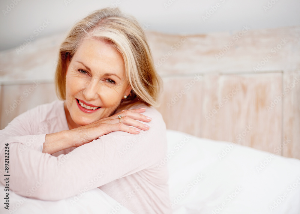 Senior woman, portrait and relax in bed with mindfulness, happy retirement and weekend in home. Elderly female person, smile and wake up on mattress for morning peace, wellness and pyjama clothes Senior woman, portrait and relax in bed with mindfulness, happy retirement and weekend in home. Elderly female person, smile and wake up on mattress for morning peace, wellness and pyjama clothes