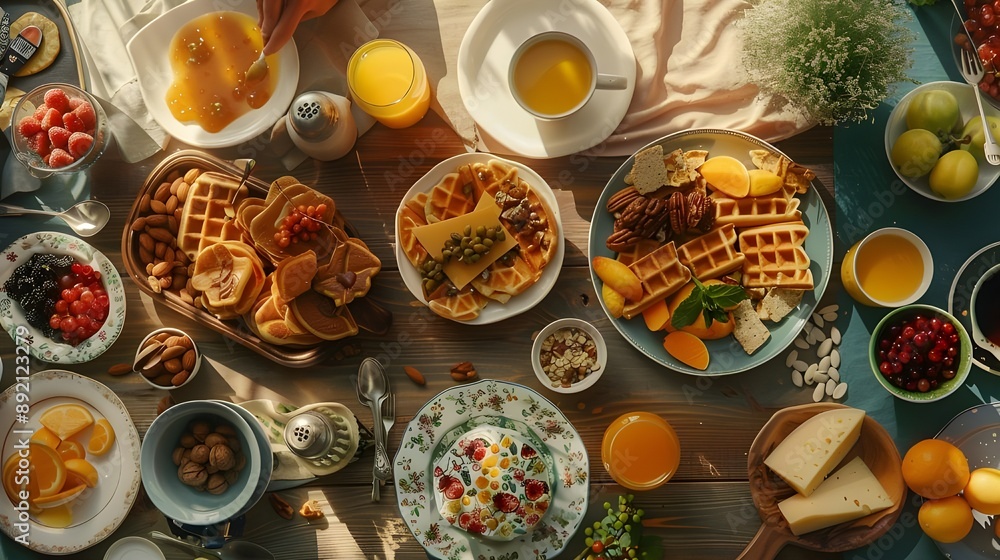 breakfast table full of various dishes. Belgian waffles, jam, nuts, fresh juice, sliced fruits, cheese platter, and a pot of hot coffee on breakfast table. breakfast table full of various dishes. Belgian waffles, jam, nuts, fresh juice, sliced fruits, cheese platter, and a pot of hot coffee on breakfast table.