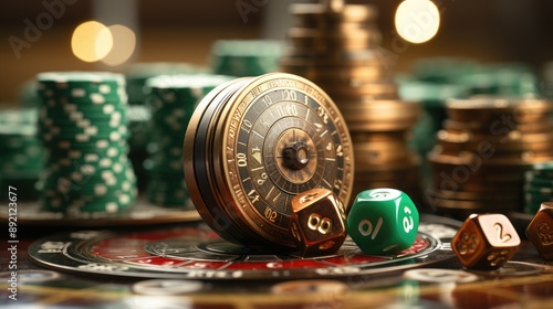 3D online casino with smartphone or mobile phone, dice, cards, and roulette on a green table. 