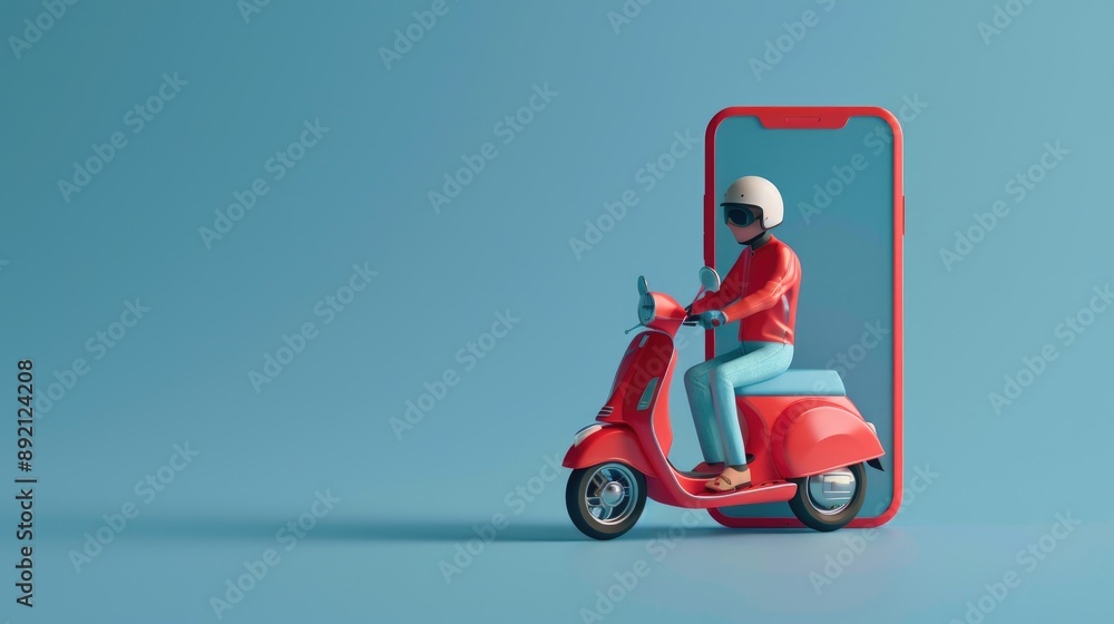 3D render of a delivery man on a red scooter emerging from a mobile phone screen on a blue background, symbolizing fast service 3D render of a delivery man on a red scooter emerging from a mobile phone screen on a blue background, symbolizing fast service
