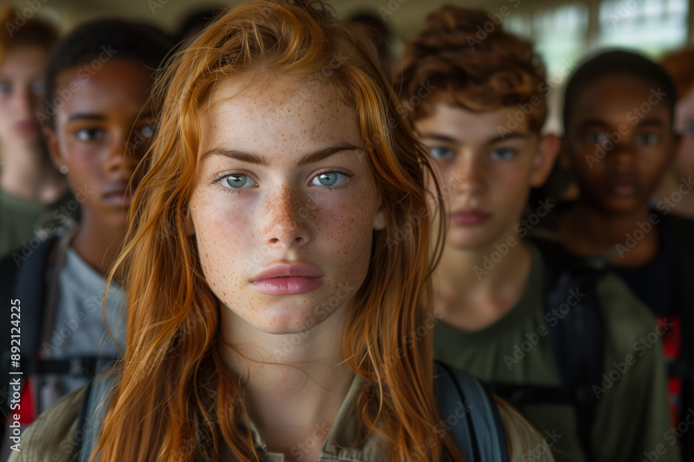Young ginger girl with long red hair stands in front of a line of multiethnic students at school. Children look serious, no smiling, upset. School violence, bullying, abuse , protest concept. Young ginger girl with long red hair stands in front of a line of multiethnic students at school. Children look serious, no smiling, upset. School violence, bullying, abuse , protest concept.