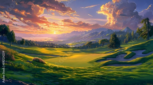 Beautiful painting of a golf course at sunset. Perfect for sports and nature themed designs.  photo