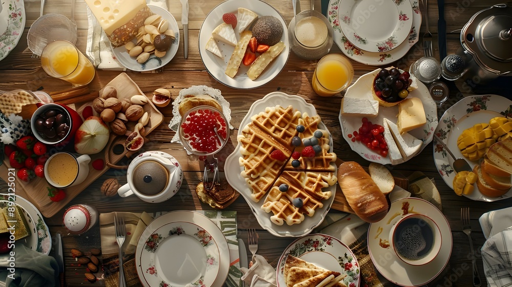 breakfast table full of various dishes. Belgian waffles, jam, nuts, fresh juice, sliced fruits, cheese platter, and a pot of hot coffee on breakfast table. breakfast table full of various dishes. Belgian waffles, jam, nuts, fresh juice, sliced fruits, cheese platter, and a pot of hot coffee on breakfast table.
