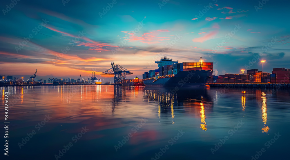International container cargo ships docked in port near warehouse storage and cranes International container cargo ships docked in port near warehouse storage and cranes