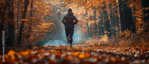 Alone man runner at forest park, the ground covered in fallen autumn leaves. Health life concept. Everyday running 