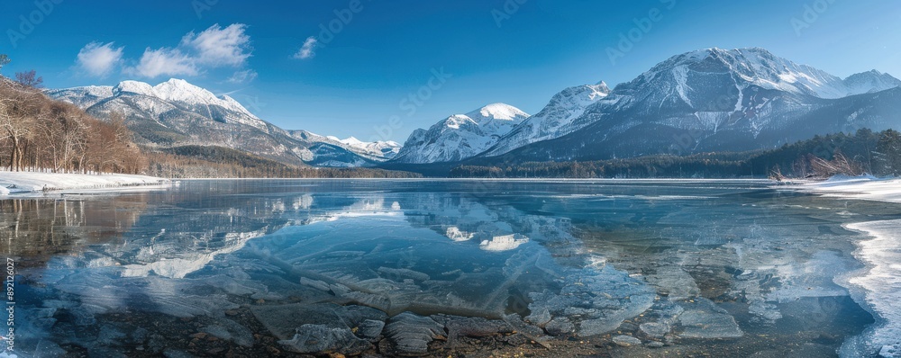 Frozen lake at the base of snow-capped mountains, clear reflections, peaceful and pristine, ideal for winter and nature visuals, copy space. Frozen lake at the base of snow-capped mountains, clear reflections, peaceful and pristine, ideal for winter and nature visuals, copy space.