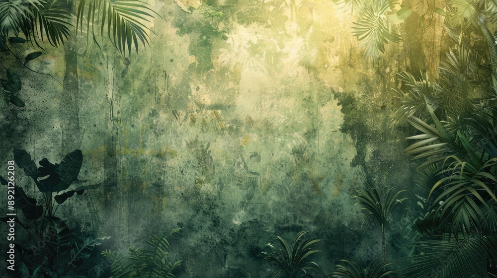 Obraz premium Artistic drawing of a tropical jungle with glimpses of light on a textured background, perfect for photo wallpaper
