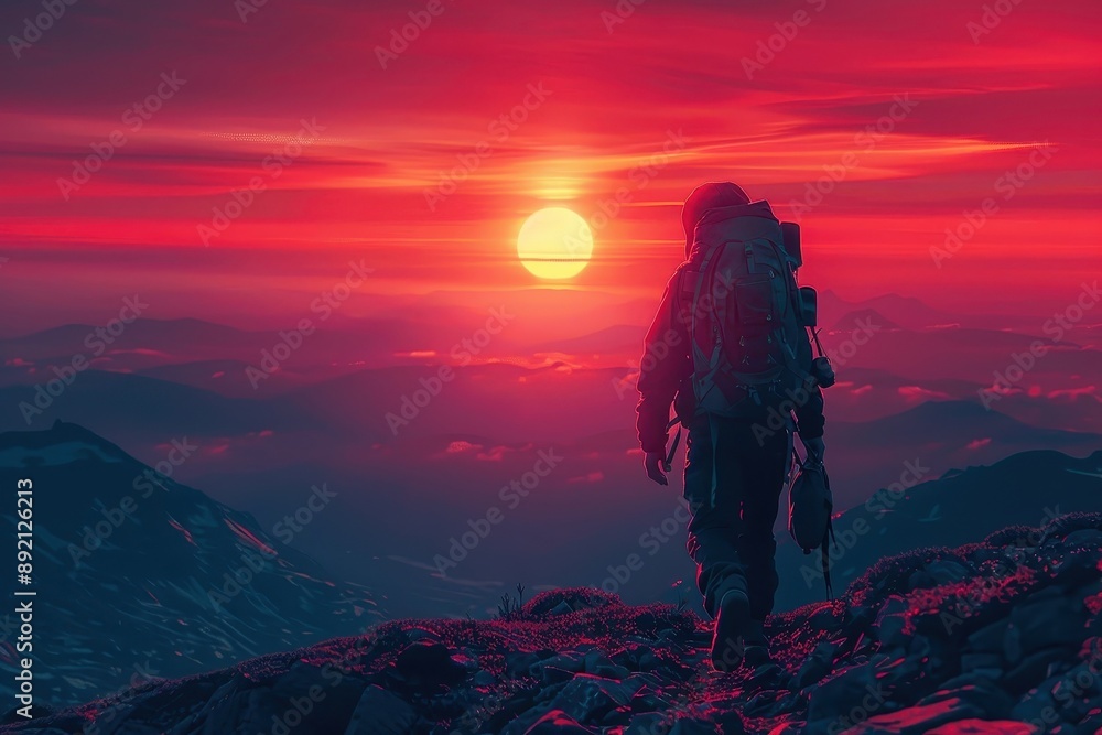 Captures the sense of scale and wonder as a traveler journeys towards a beautiful sunset. Captures the sense of scale and wonder as a traveler journeys towards a beautiful sunset.