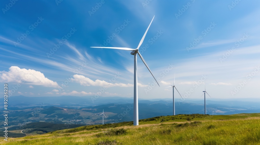 Wind turbines on a sunny hilltop, showcasing renewable energy and sustainable technology Wind turbines on a sunny hilltop, showcasing renewable energy and sustainable technology