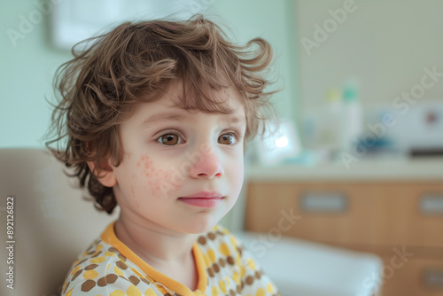  portrait of a child with a rash on his cheek undergoing examination in a clinic, portrait of a little boy suffering from impetigo disease in the hospital for examination, copy space