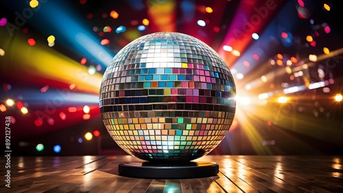 Sparkling disco ball in vibrant colorful lights, party celebration background, festive poster. Generative AI