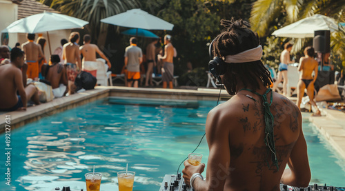 The concept of a summer pool party, with a close-up shot of a DJ playing music while people dance in the background, with a bokeh effect