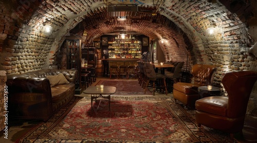 Underground bar with exposed brick walls, vintage furniture, and dim lighting, secret entrance, copy space, ideal for hidden gems and nightlife adventures.