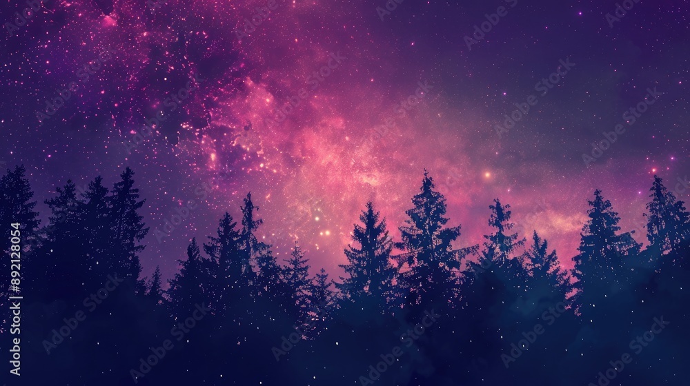 Naklejka premium Beautiful gradient starry sky in cosmic violet and pink hues with forest tree silhouettes, perfect for phone wallpaper