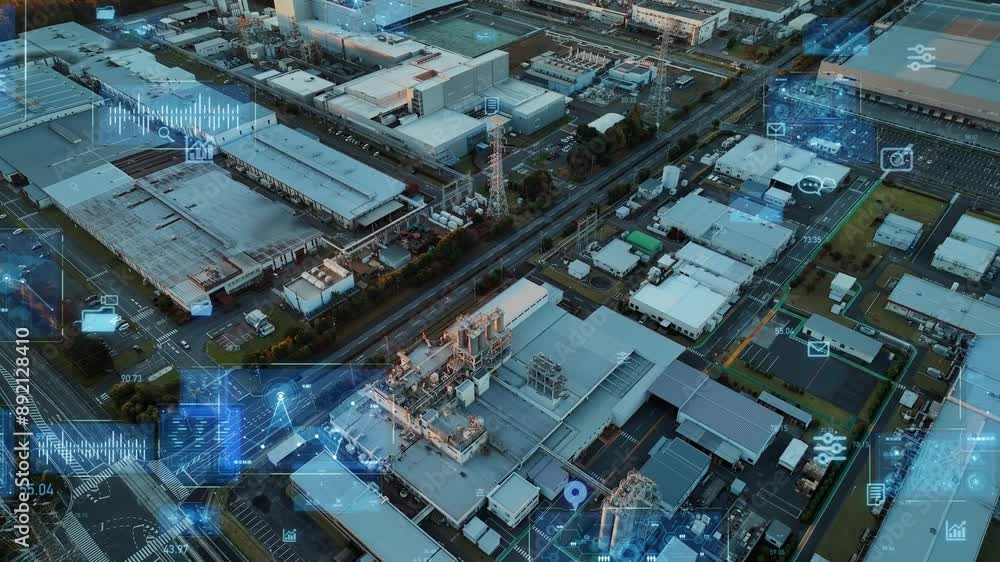 Composited image of drone aerial view of modern industrial area and digital technology concept.