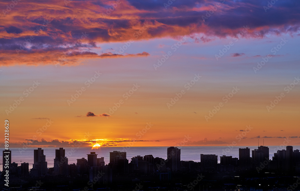 Cityscape, night and skyline for city, buildings and popular tourist or vacation destination in Waikiki honolulu. Luxury travel, skyscrapers and scenic landscape with coast, sunset or holiday evening Cityscape, night and skyline for city, buildings and popular tourist or vacation destination in Waikiki honolulu. Luxury travel, skyscrapers and scenic landscape with coast, sunset or holiday evening
