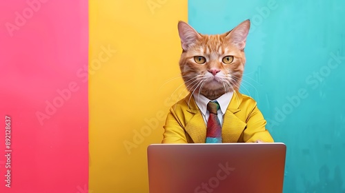 business concept with gold brittish cat costume with necktie and use laptop isolated on colorful background photo