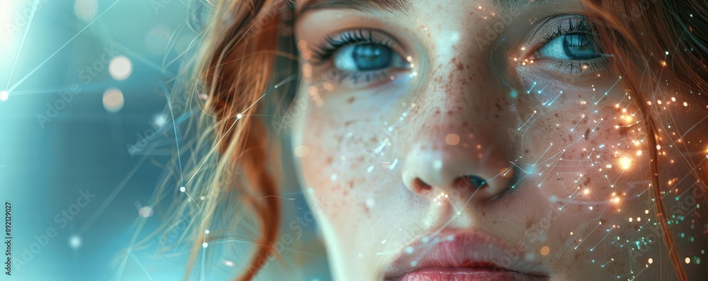 Close-up portrait of a woman with glowing skin and blue eyes. Close-up portrait of a woman with glowing skin and blue eyes.