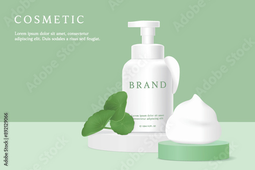 Cosmetic product ads template on green background with foam and  Centella Asiatica.