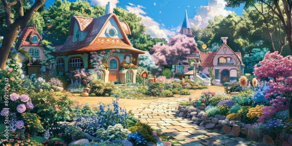 Fototapeta premium Whimsical Anime-Style Garden Paradise: A Fantasy Wonderland Bursting with Colorful Blossoms and Playful Charm