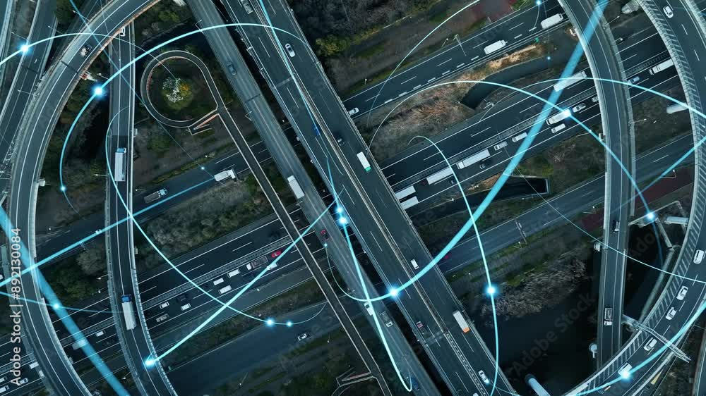 Composited image of drone aerial view of modern highway with cars running and communication network concept.