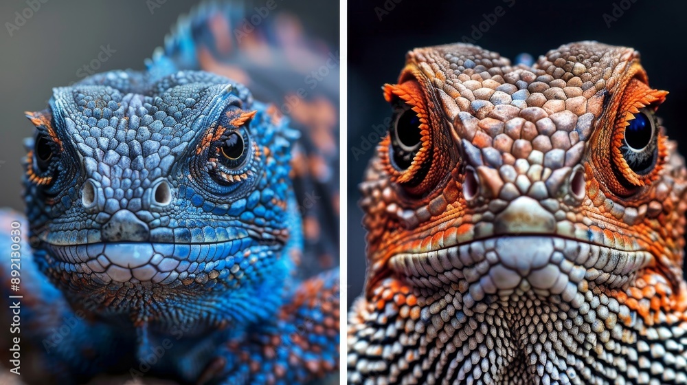 Fototapeta premium Close-up portraits of agama lizards showcasing intricate textures on their skin. 