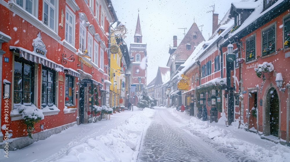 Fototapeta premium Historic buildings in winter, snow-covered roofs, charming old town, wintery city scene, cobblestone streets, crisp details, copy space.