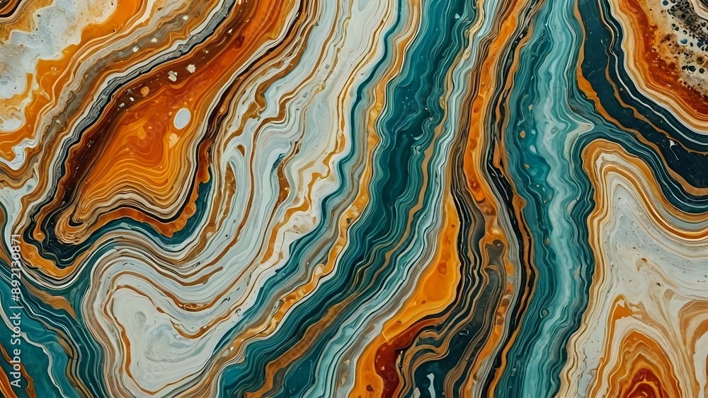 Abstract paint background with wavy lines in teal, orange, white. Abstract paint background with wavy lines in teal, orange, white.