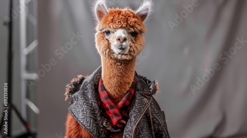 alpaca as a fashion model, with stylish clothes, on a runway gray backdrop