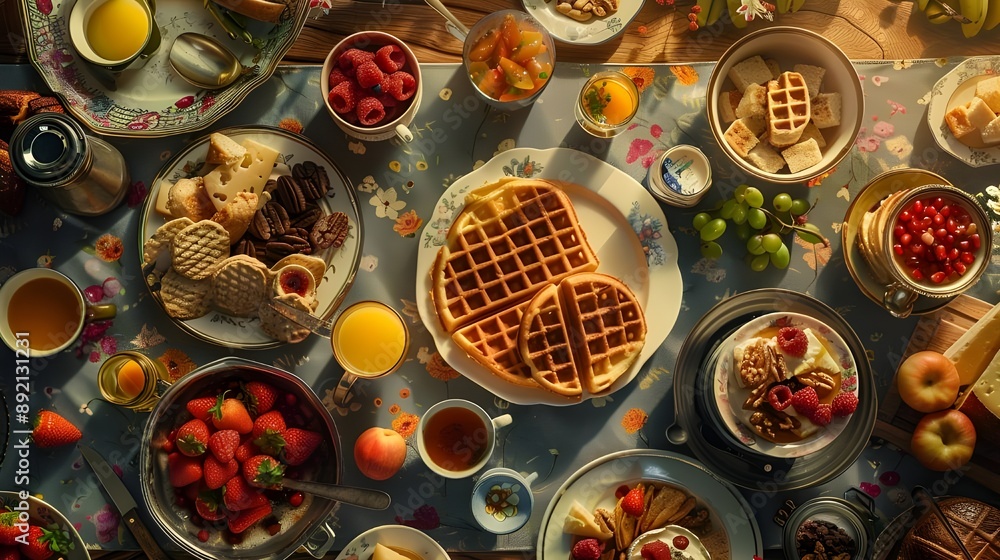 breakfast table full of various dishes. Belgian waffles, jam, nuts, fresh juice, sliced fruits, cheese platter, and a pot of hot coffee on breakfast table breakfast table full of various dishes. Belgian waffles, jam, nuts, fresh juice, sliced fruits, cheese platter, and a pot of hot coffee on breakfast table