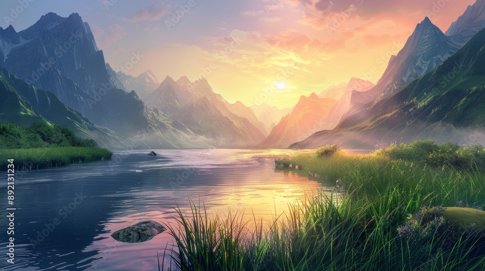 Serene Mountain Lake Sunset, Digital Painting, Water, Mountains, Sunset, Nature, Landscape Serene Mountain Lake Sunset, Digital Painting, Water, Mountains, Sunset, Nature, Landscape