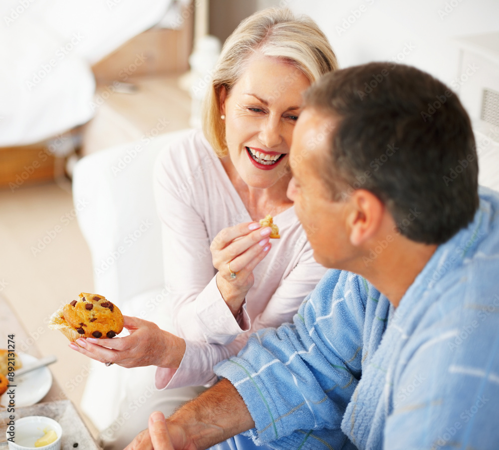 Senior couple, bedroom and food for support, breakfast and nutrition for retirement health. Mature woman, man and croissant or muffin with fruit jam for diet, romance and elderly wellness or care Senior couple, bedroom and food for support, breakfast and nutrition for retirement health. Mature woman, man and croissant or muffin with fruit jam for diet, romance and elderly wellness or care